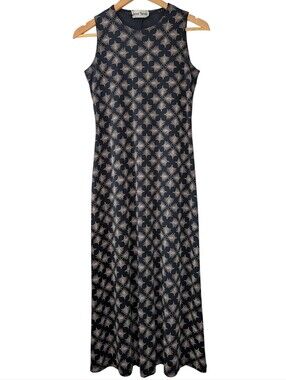 Vintage Navy and Beige Sleeveless Midi Dress